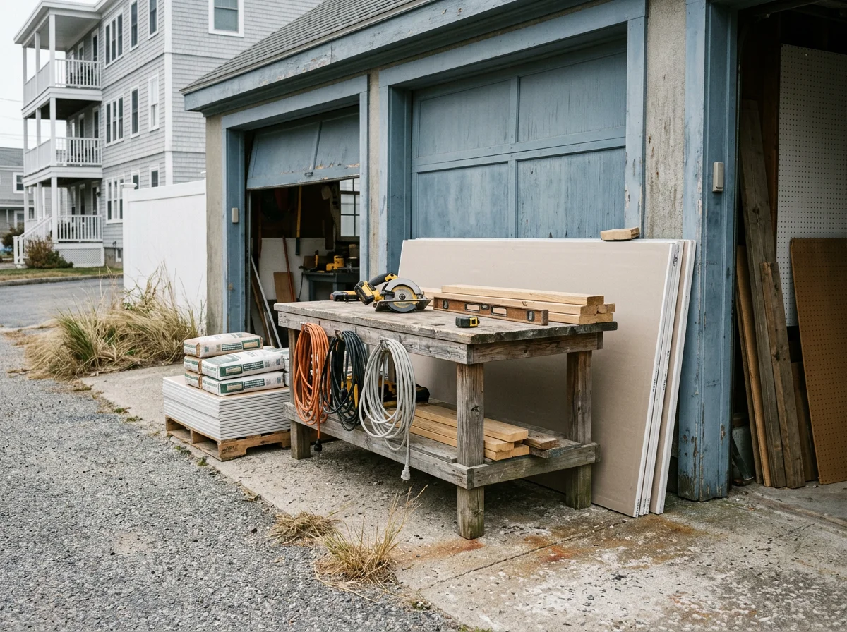 Tools and materials arranged in a work area used for home remodeling and construction projects. No people are shown in this environmental photo.