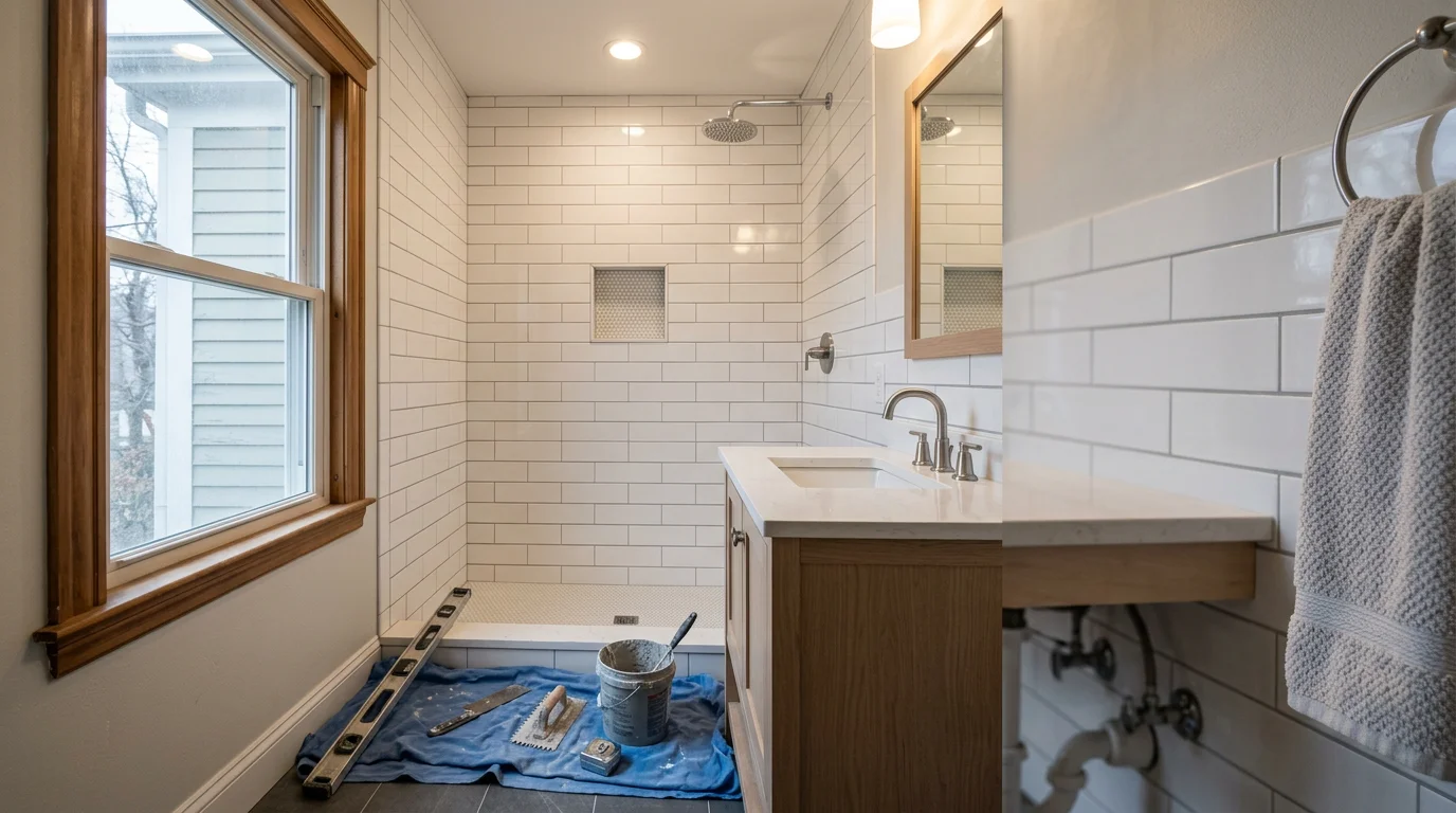 Completed basement remodel by Vikmar Strategies in Winthrop, MA