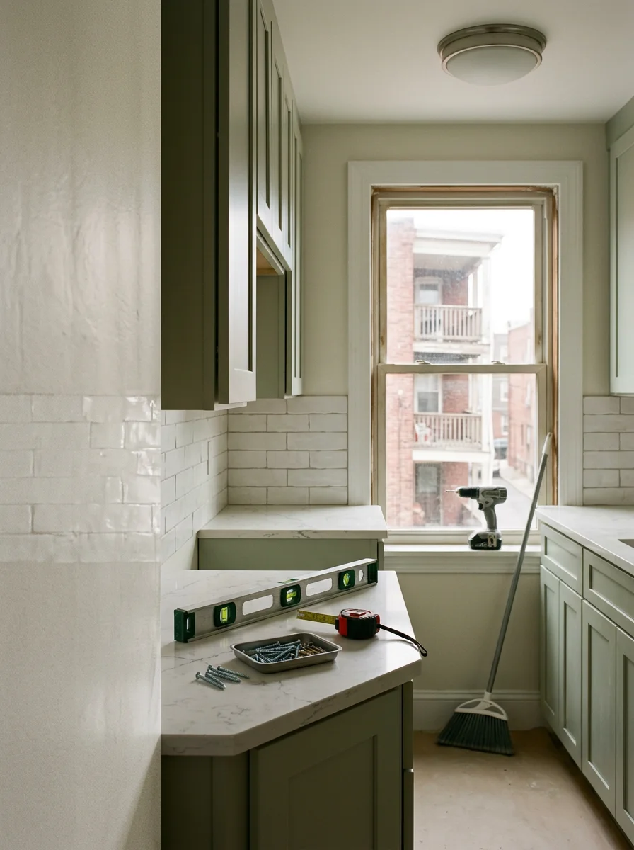Renovated kitchen interior inside a Boston condo unit, showing new cabinetry, quartz countertops, and updated tile backsplash.