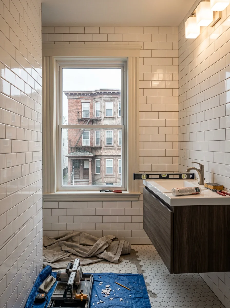 Newly tiled bathroom interior inside a renovated East Boston condo unit, with updated vanity and modern fixtures.