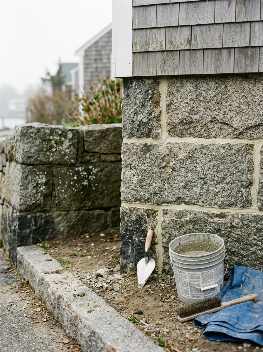 A mason repointing the stone foundation of a pre-1939 cape-style home in Gloucester, MA, with original granite block construction visible.