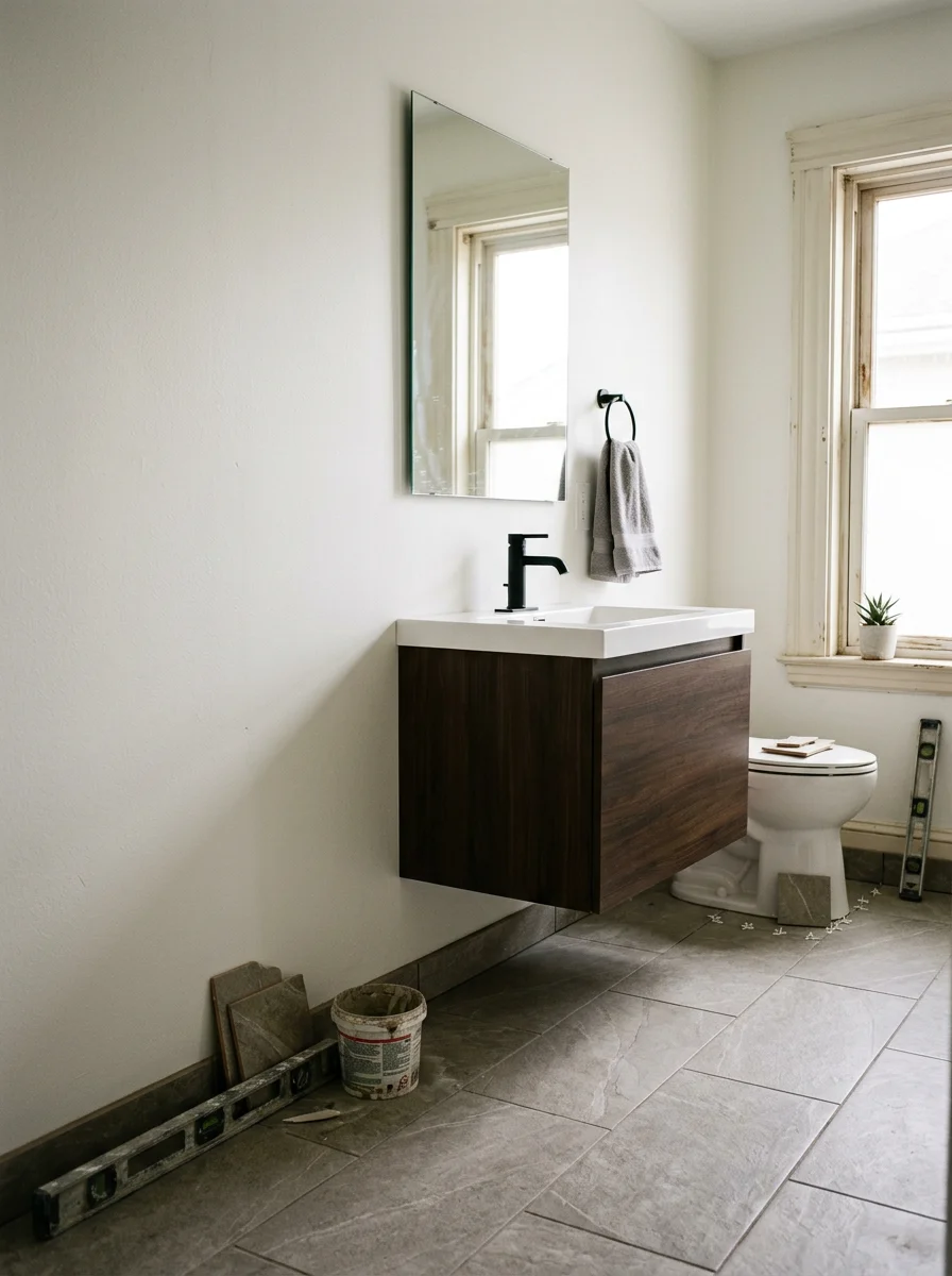 Updated bathroom interior inside a Revere triple-decker unit, showing new tile flooring and a modern vanity installation.