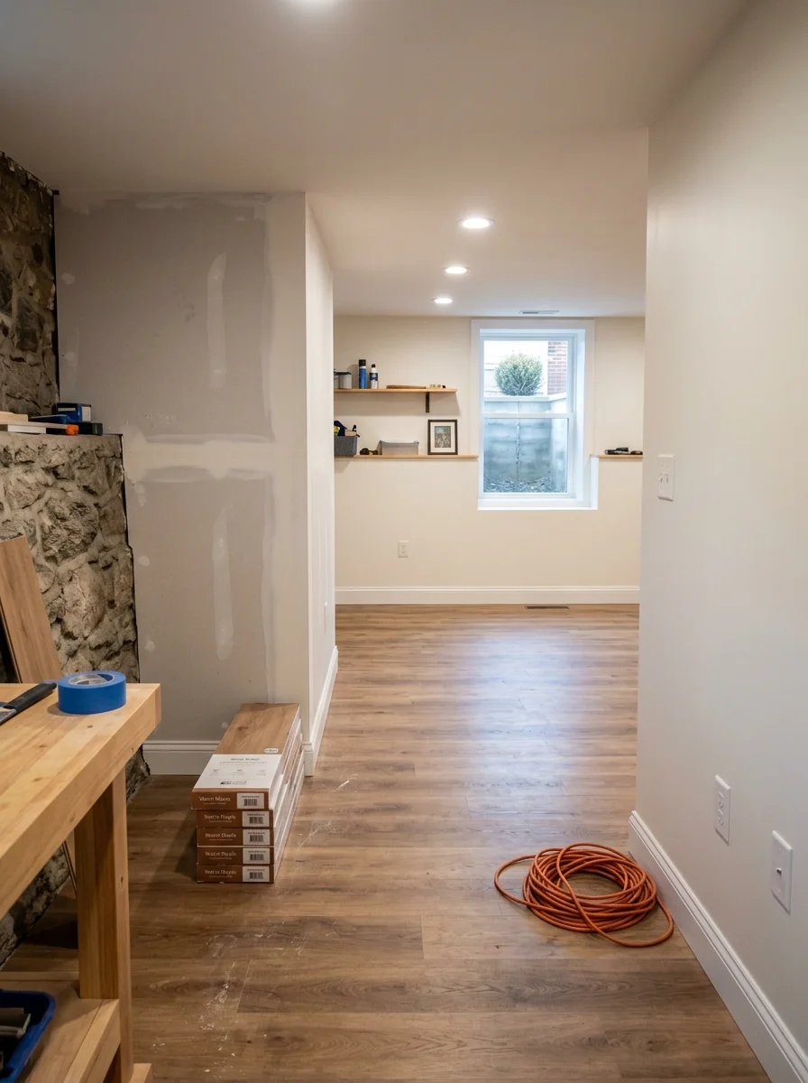 Freshly finished basement living space in a Saugus postwar cape, showing new drywall, recessed lighting, and luxury vinyl plank flooring.
