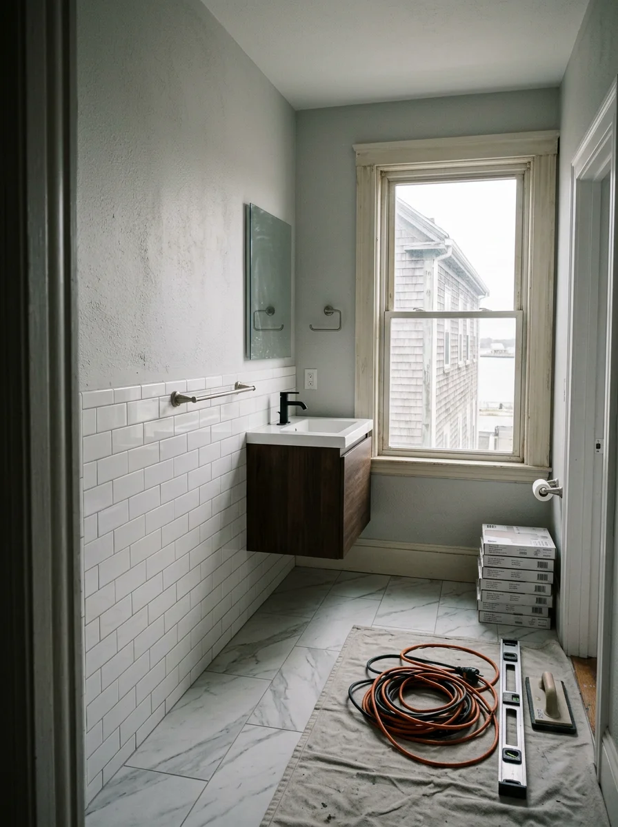 Freshly remodeled bathroom interior inside a Winthrop triple-decker, showing new tile work and updated fixtures.