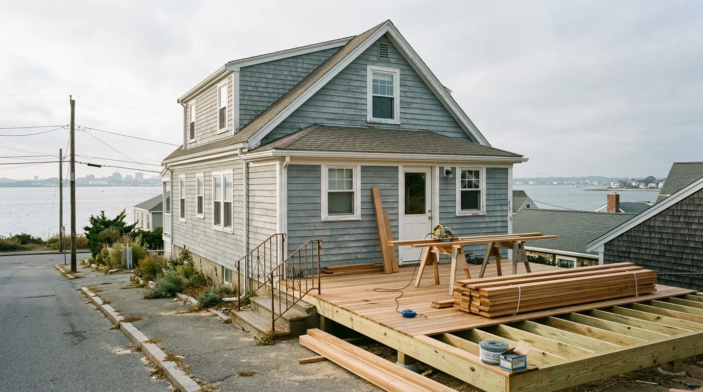 A contractor framing a new deck on a pre-1940 single-family home in Winthrop, MA, with Boston Harbor visible in the background.