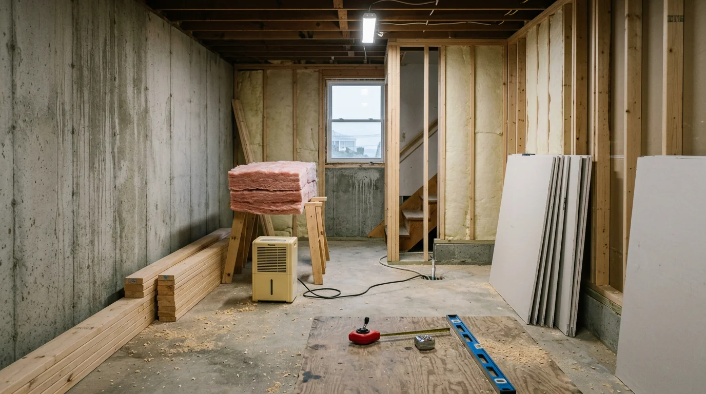 A finished basement in a Winthrop, Massachusetts home with vinyl plank flooring, recessed lighting, and framed drywall walls. The space is set up as a family room with natural light from a code-compliant egress window.