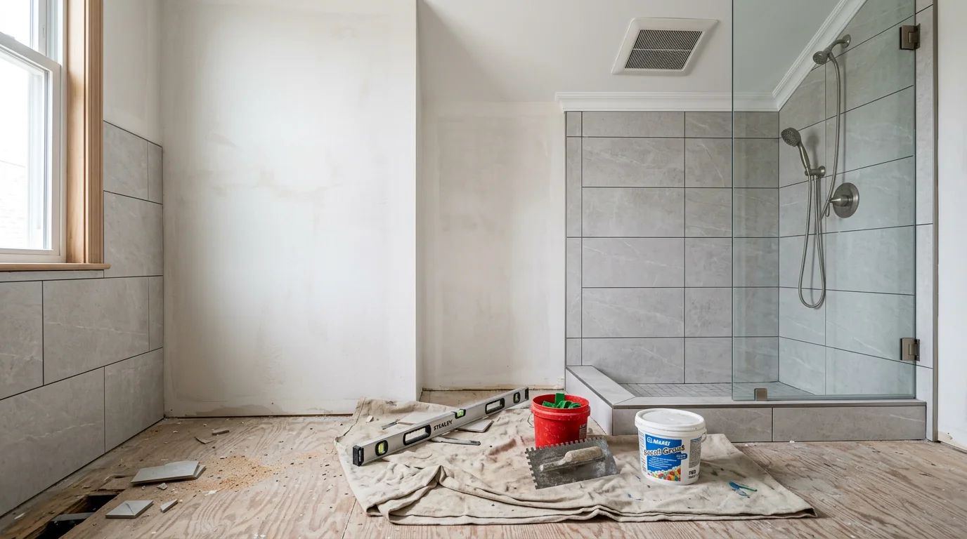 Finished bathroom remodel in a Winthrop, Massachusetts home showing a walk-in tile shower, updated vanity, and new flooring replacing an older tub-and-surround layout. Clean, neutral finishes suited to a compact New England bathroom footprint.