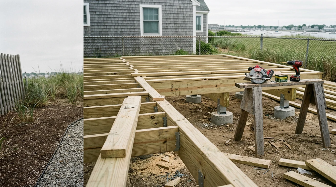 A newly constructed wood deck attached to the rear of a residential home in Winthrop, Massachusetts, with Boston Harbor visible in the background. The deck features a railing system and steps leading down to a backyard lawn.
