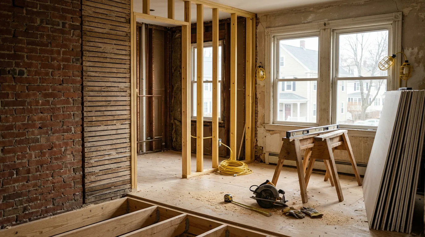 General construction work in progress on a pre-war two-family home in Winthrop, Massachusetts, showing new framing and structural work inside an older residential structure. Exterior view of a completed deck addition on a coastal Winthrop property with wood framing and railings.