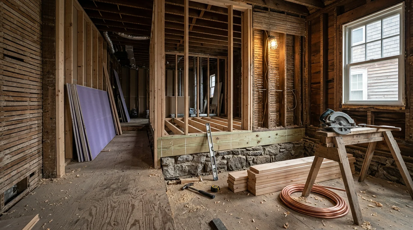 A general contractor reviewing project plans inside an older single-family home in Winthrop, Massachusetts. The interior shows original architectural details typical of pre-1940 coastal New England construction.