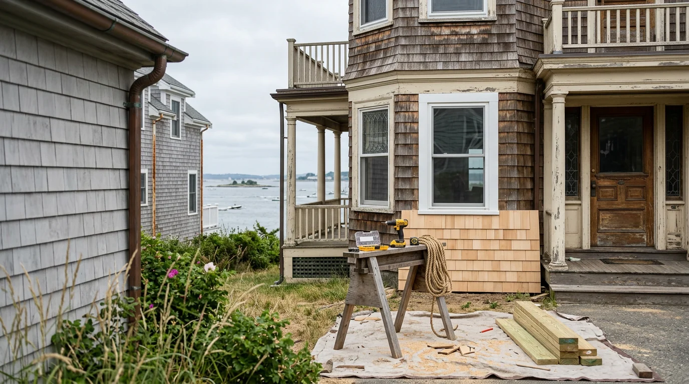 A contractor repairing exterior trim on a pre-war single-family home in Winthrop, Massachusetts, with Boston Harbor visible in the background. The work addresses weathered wood typical of older coastal New England housing stock.