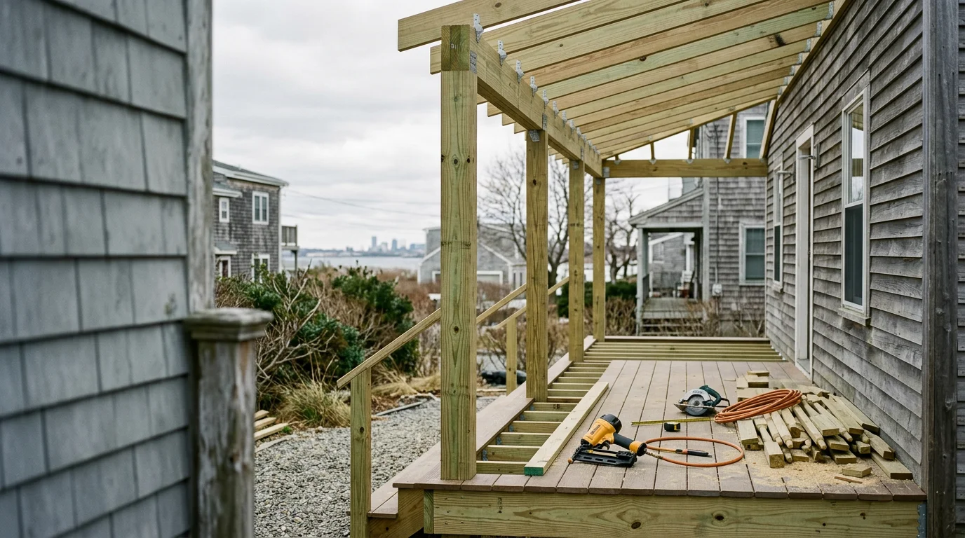Newly constructed front porch on a two-story home in Winthrop, Massachusetts, featuring pressure-treated framing, composite decking boards, and painted wood railings with balusters. The porch faces the street and shows a clean roof connection to the existing house facade.